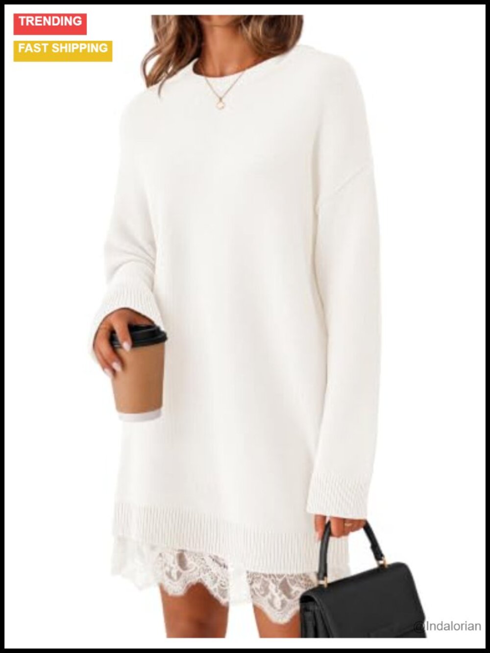 Oversized Knit Sweater Dress Long Sleeve Lace Hem Casual Mini